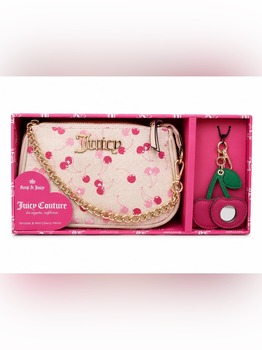 Juicy Couture Pink Cherry-Print Wristlet with Gold Chain & Cherry Charm